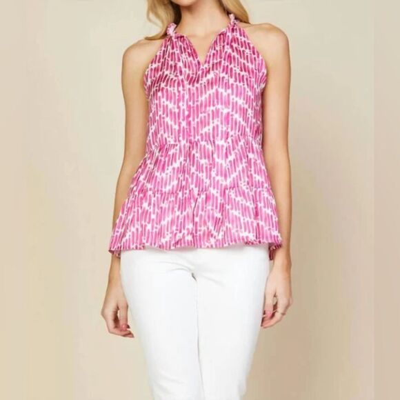 Skies Are Blue Tops - Skies Are Blue Pink Preppy Chevron Watercolor Halter Tiered Babydoll Tank Top